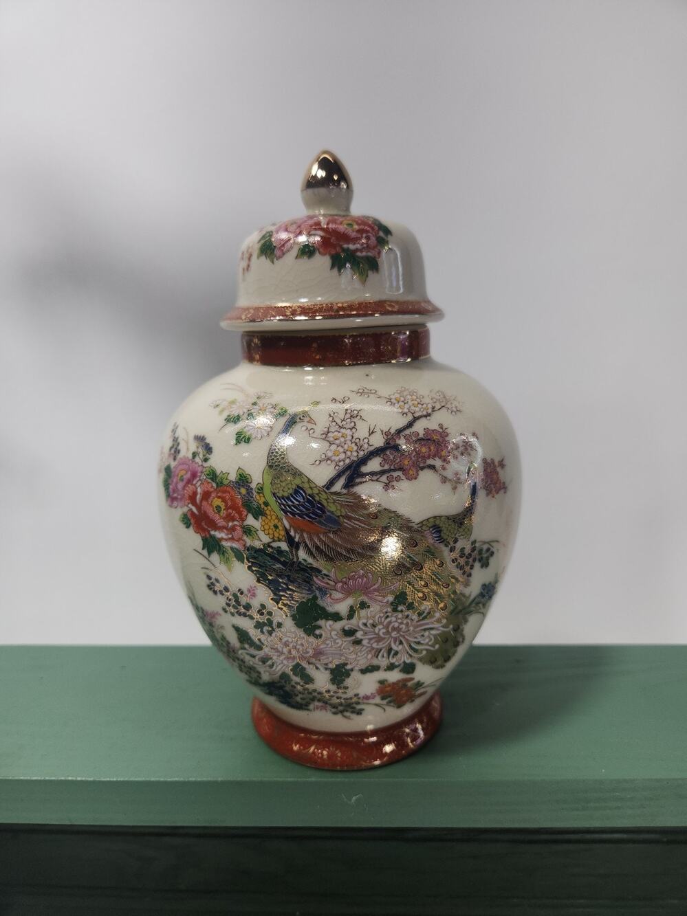 Vintage Satsuma Japan Ginger Jar Peacock Floral Crackle Glaze Gold 8" Lidded Urn